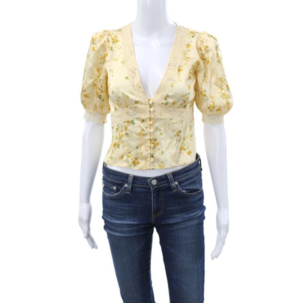 Reformation Womens Cropped Silk Floral V Neck Button Short Sleeve Blouse Size 0
